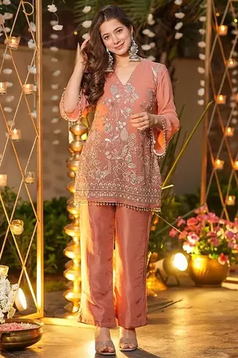 peach solid chrunchy silk free size stitched short kurta suit