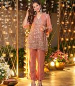 peach solid chrunchy silk free size stitched short kurta suit