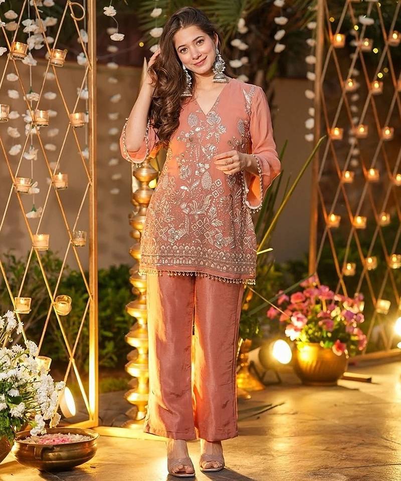 peach solid chrunchy silk free size stitched short kurta suit