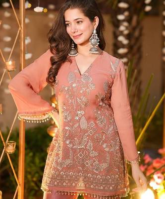 peach solid chrunchy silk free size stitched short kurta suit 2