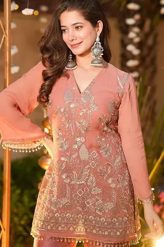 peach solid chrunchy silk free size stitched short kurta suit