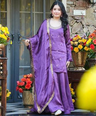 purple embroidered fendy silk free size stitched short kurta suit 1
