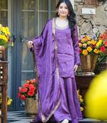 purple embroidered fendy silk free size stitched short kurta suit