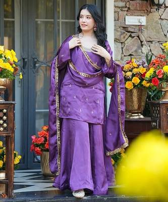 purple embroidered fendy silk free size stitched short kurta suit 2