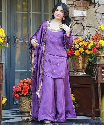 purple embroidered fendy silk free size stitched short kurta suit 3