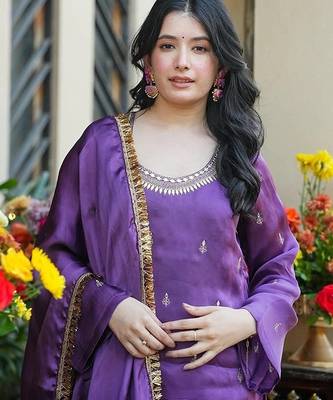 purple embroidered fendy silk free size stitched short kurta suit 4