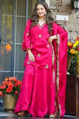 rani pink embroidered fendy silk free size stitched short kurta suit