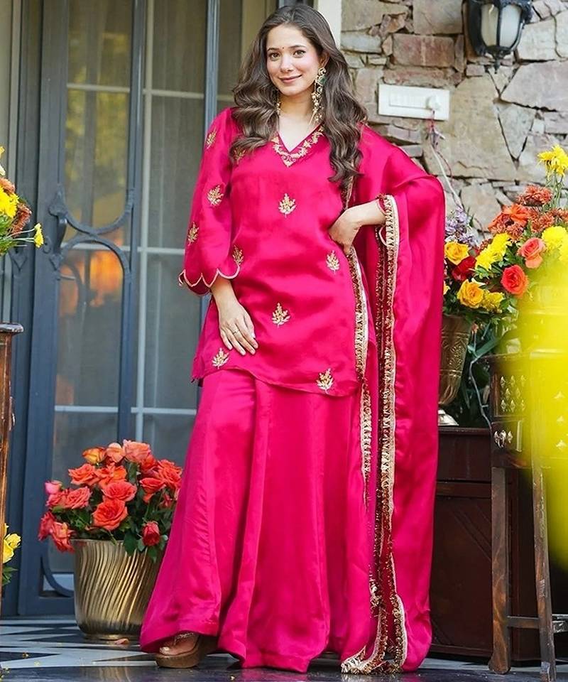rani pink embroidered fendy silk free size stitched short kurta suit