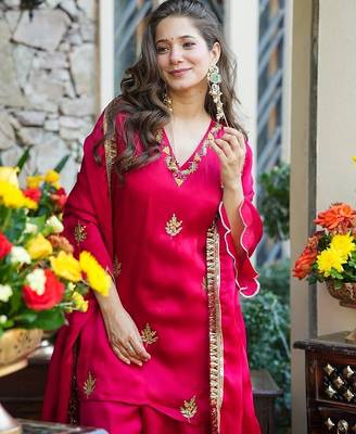 rani pink embroidered fendy silk free size stitched short kurta suit 2