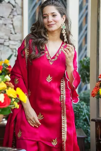 rani pink embroidered fendy silk free size stitched short kurta suit