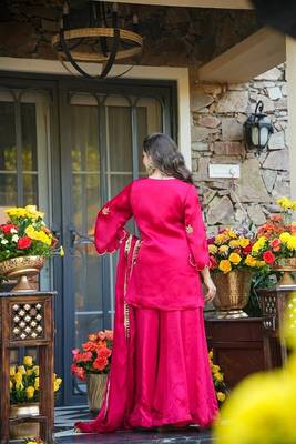rani pink embroidered fendy silk free size stitched short kurta suit 3