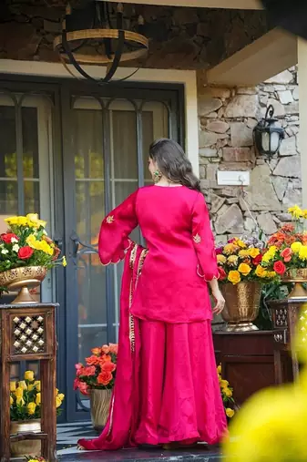 rani pink embroidered fendy silk free size stitched short kurta suit