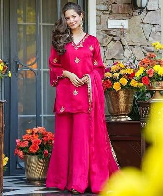 rani pink embroidered fendy silk free size stitched short kurta suit 4