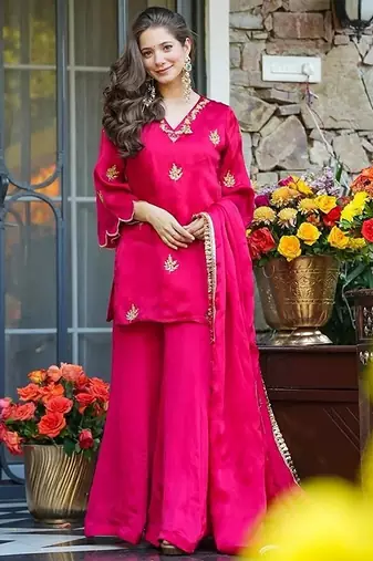 rani pink embroidered fendy silk free size stitched short kurta suit