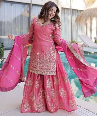 pink embroidered fendy silk free size stitched short kurta suit 1