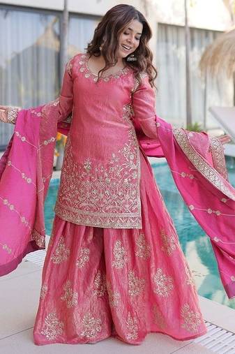pink embroidered fendy silk free size stitched short kurta suit