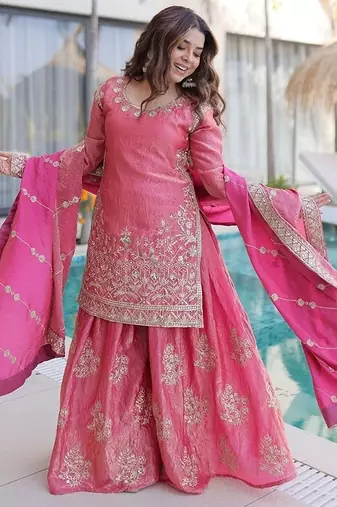 pink embroidered fendy silk free size stitched short kurta suit