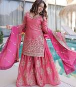 pink embroidered fendy silk free size stitched short kurta suit