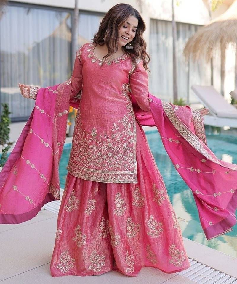 pink embroidered fendy silk free size stitched short kurta suit