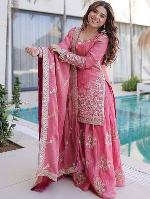 pink embroidered fendy silk free size stitched short kurta suit 2