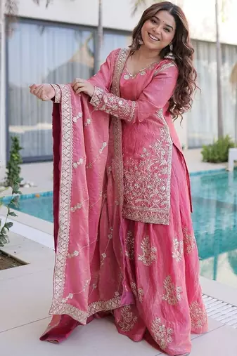 pink embroidered fendy silk free size stitched short kurta suit