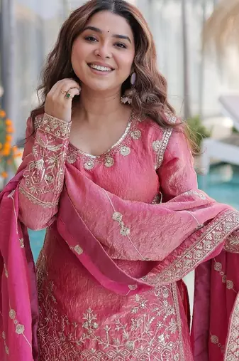 pink embroidered fendy silk free size stitched short kurta suit