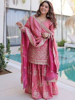 pink embroidered fendy silk free size stitched short kurta suit 4