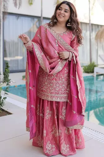 pink embroidered fendy silk free size stitched short kurta suit