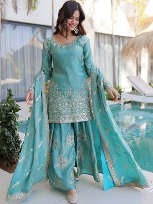 blue embroidered fendy silk free size stitched short kurta suit 1