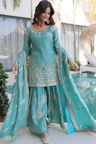 blue embroidered fendy silk free size stitched short kurta suit