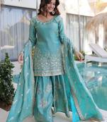 blue embroidered fendy silk free size stitched short kurta suit