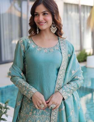 blue embroidered fendy silk free size stitched short kurta suit 2