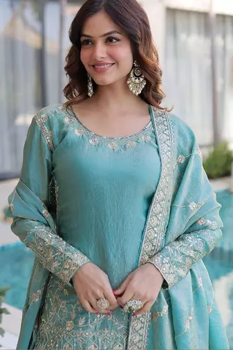 blue embroidered fendy silk free size stitched short kurta suit