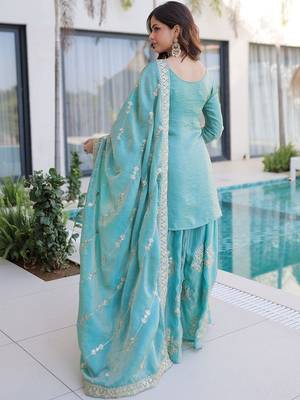 blue embroidered fendy silk free size stitched short kurta suit 3
