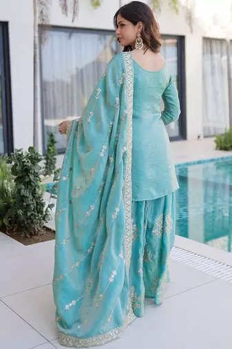 blue embroidered fendy silk free size stitched short kurta suit