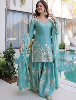 blue embroidered fendy silk free size stitched short kurta suit 4