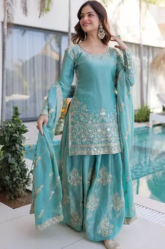 blue embroidered fendy silk free size stitched short kurta suit