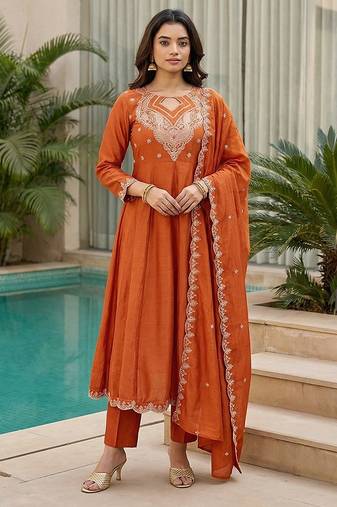 orange embroidered cp vichitra  free size stitched kurta set