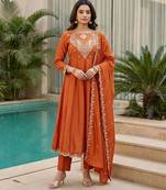 orange embroidered cp vichitra  free size stitched kurta set