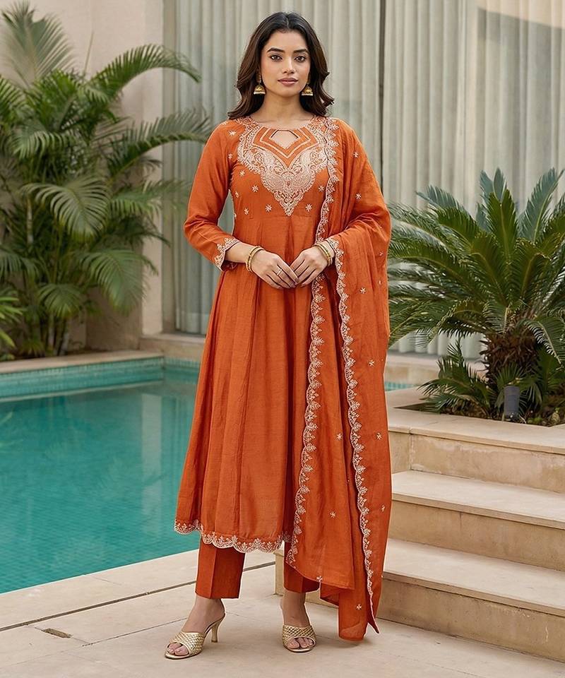 orange embroidered cp vichitra  free size stitched kurta set