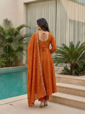 orange embroidered cp vichitra  free size stitched kurta set 2