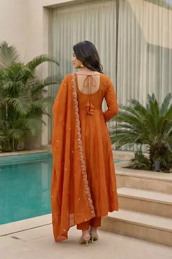 orange embroidered cp vichitra  free size stitched kurta set