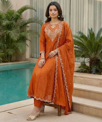 orange embroidered cp vichitra  free size stitched kurta set 3