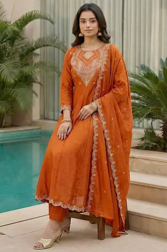 orange embroidered cp vichitra  free size stitched kurta set