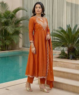 orange embroidered cp vichitra  free size stitched kurta set 4
