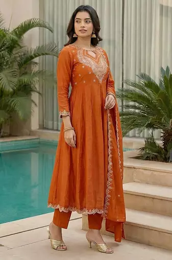 orange embroidered cp vichitra  free size stitched kurta set