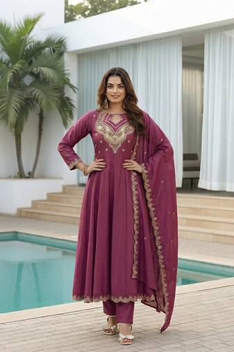 mauve embroidered cp vichitra  free size stitched kurta set