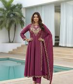 mauve embroidered cp vichitra  free size stitched kurta set