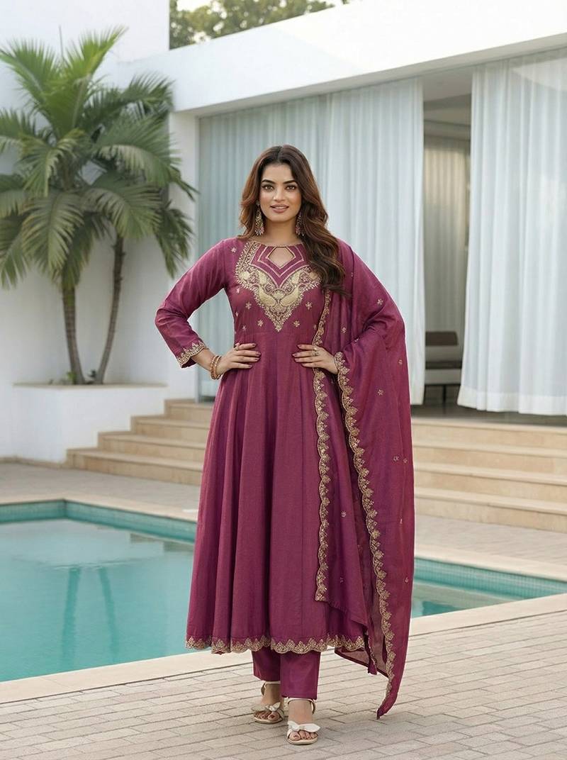 mauve embroidered cp vichitra  free size stitched kurta set