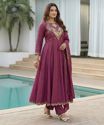 mauve embroidered cp vichitra  free size stitched kurta set 2